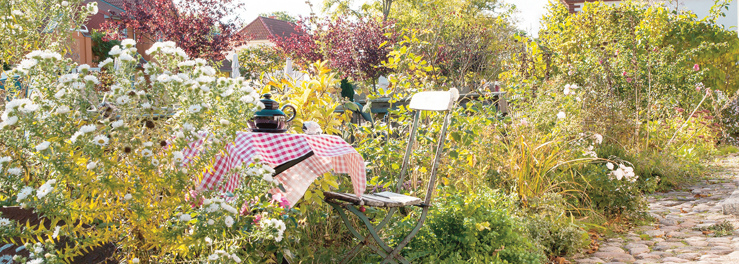 Kleiner Tisch mit Gartenstuhl im Garten