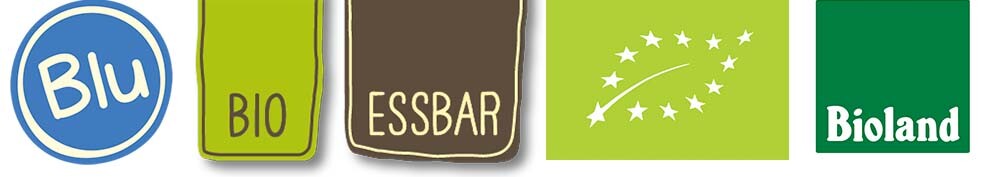 Blu Logo mit Bio, Essbar, EU Bio Logo und Bioland Logo